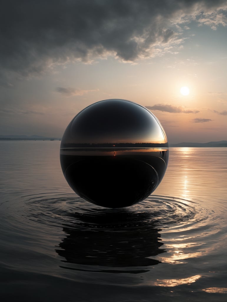 minimal, simple black sphere hover above the water, just the horizon on the background