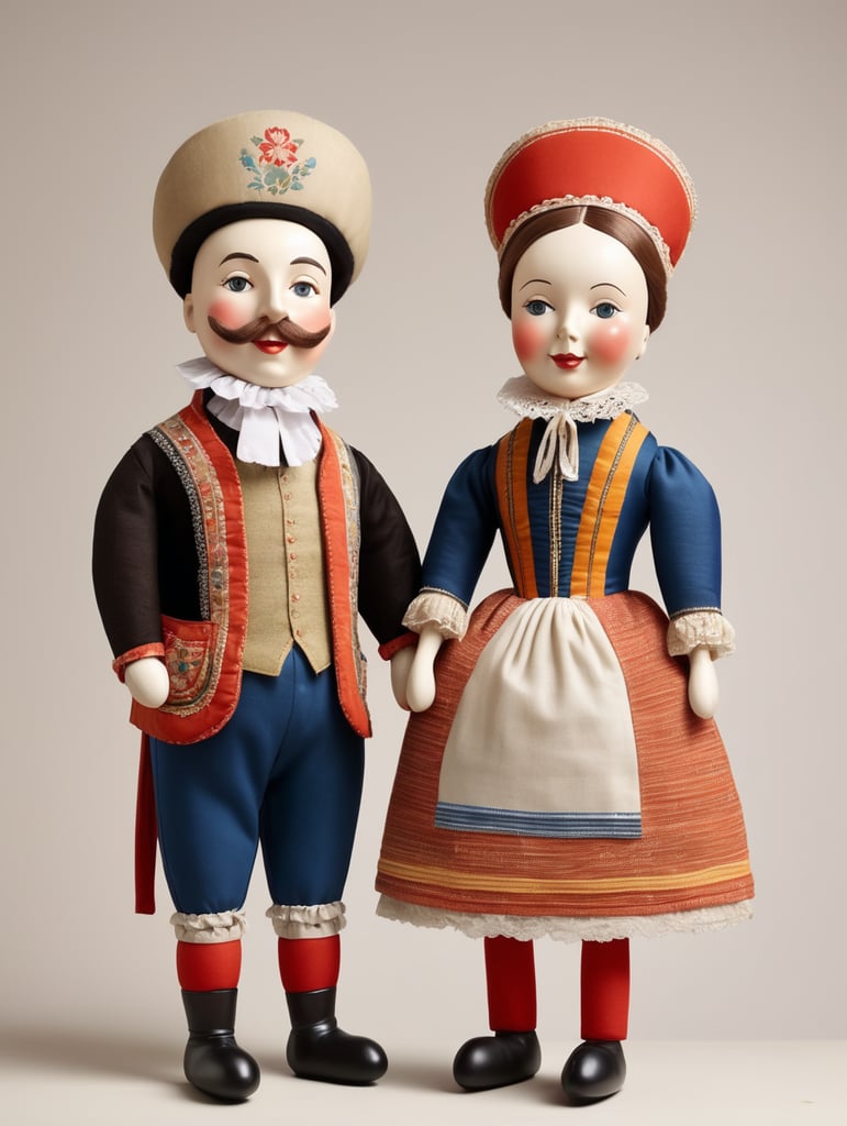 A pair of anthropomorphic dolls in the style of Dutch tradition, soft sculpture, historical subjects, Danish design, folklore theme, colorful caricature