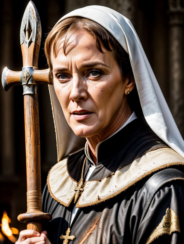 Actress Julie Andrews in her role as nun in the sound of music, wearing her nun costume, but completely torn apart and dirty after having had a fight with some wild animal. She has scratches on heer hands, arms and face and she looks fierce. She is holding an axe in one hand.