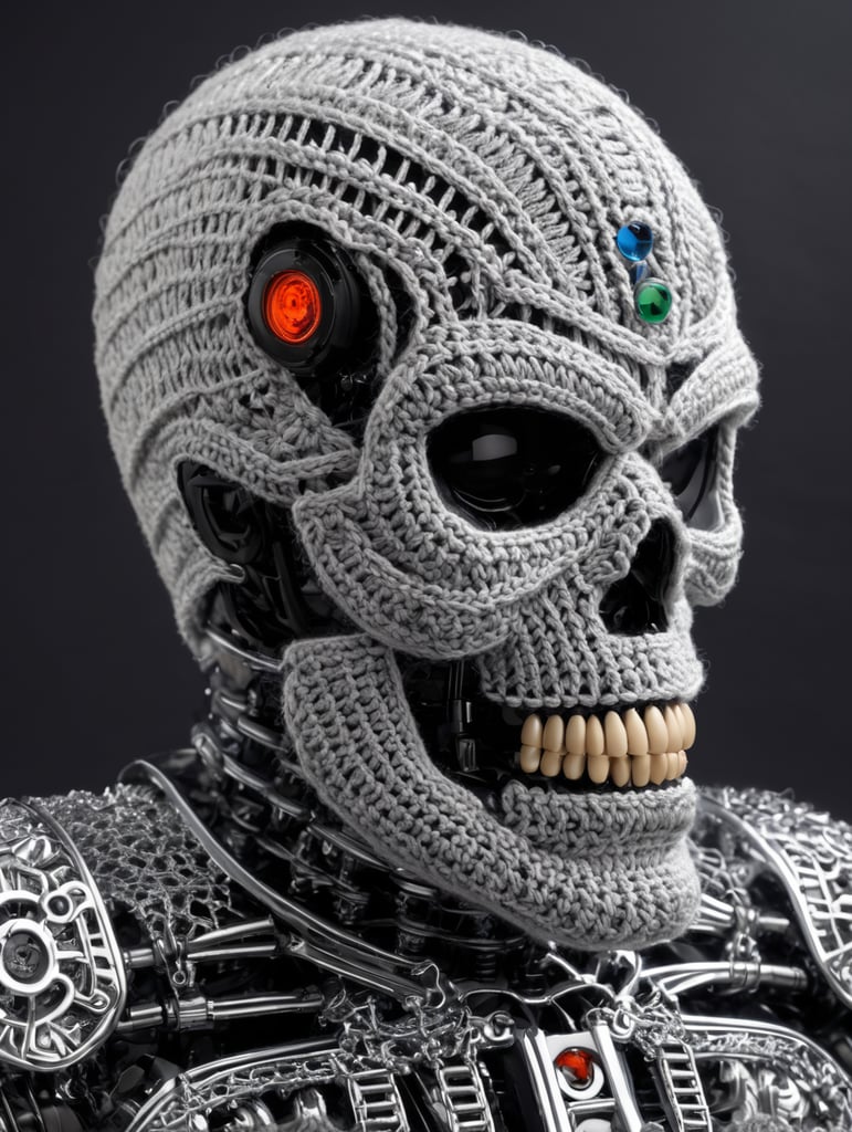 a metal skeleton of a terminator t-800 wearing very hirsute crocheted sweaters for sheeple, portrait