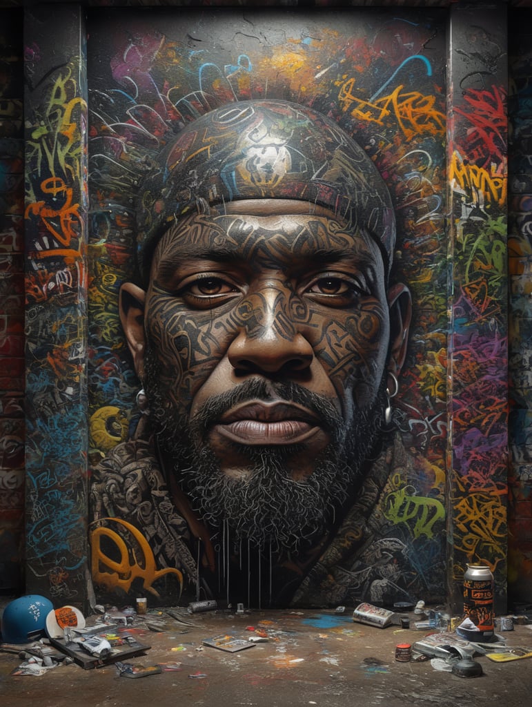 Design a graffiti wall art piece with 90's hip-hop artist.