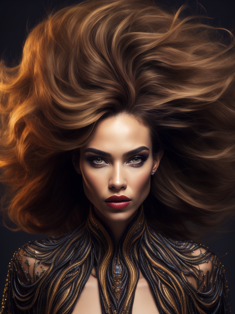 Super-realist portrait of a supermodel, wild intricate hair design, Dior style make-up, fashion editorial style, Award winning photo, dramatic lighting, classic clothing, flowing dress, dramatic background,