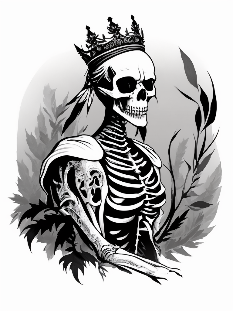A vector art of a queen skeleton tattoo, linocut, white background, albrecht durer