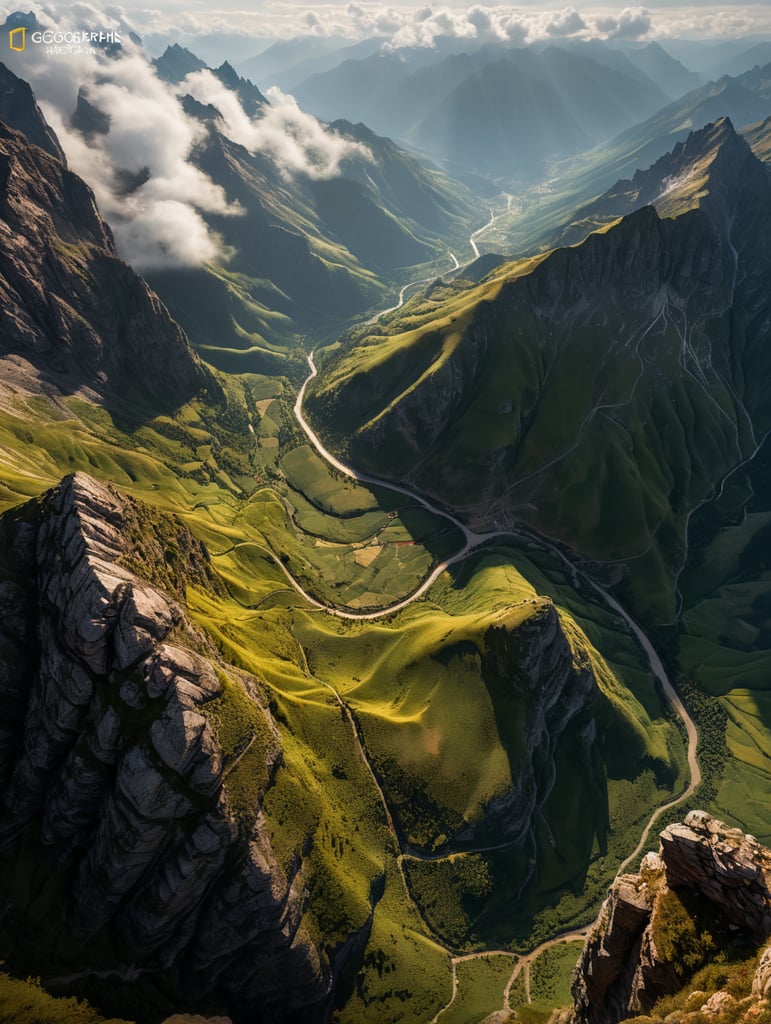 1st person view, sublime landscape: a view from high mountains, down to very steep valleys and into great depth, 3D, national geographic professional photography ultra HD style