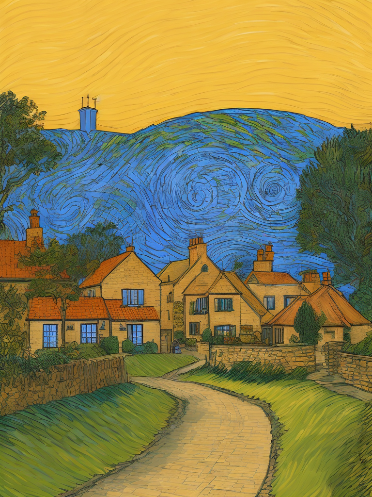 Color line drawing of an english village, van gogh style painting