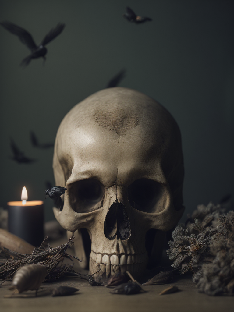 human skull dark candle light surrounded by dead black birds and insects, dark green background scattered dead flowers, shallow depth of field focus