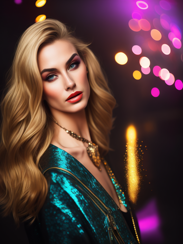 Portrait of a blonde woman, bright and saturated colors, elegant, highly detailed, vogue, fashion magazine, sharp focus, bright expressive makeup, dramatic lighting, depth of field, incredibly high detailed, blurred background'