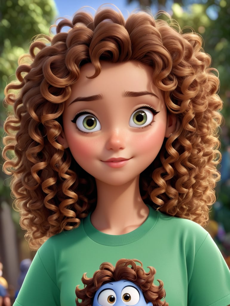 a beautiful girl girl with curly hair, fair skin, beautiful face, beautiful eyes, wearing t-shirt I love Jesus, Disney Pixar 8k