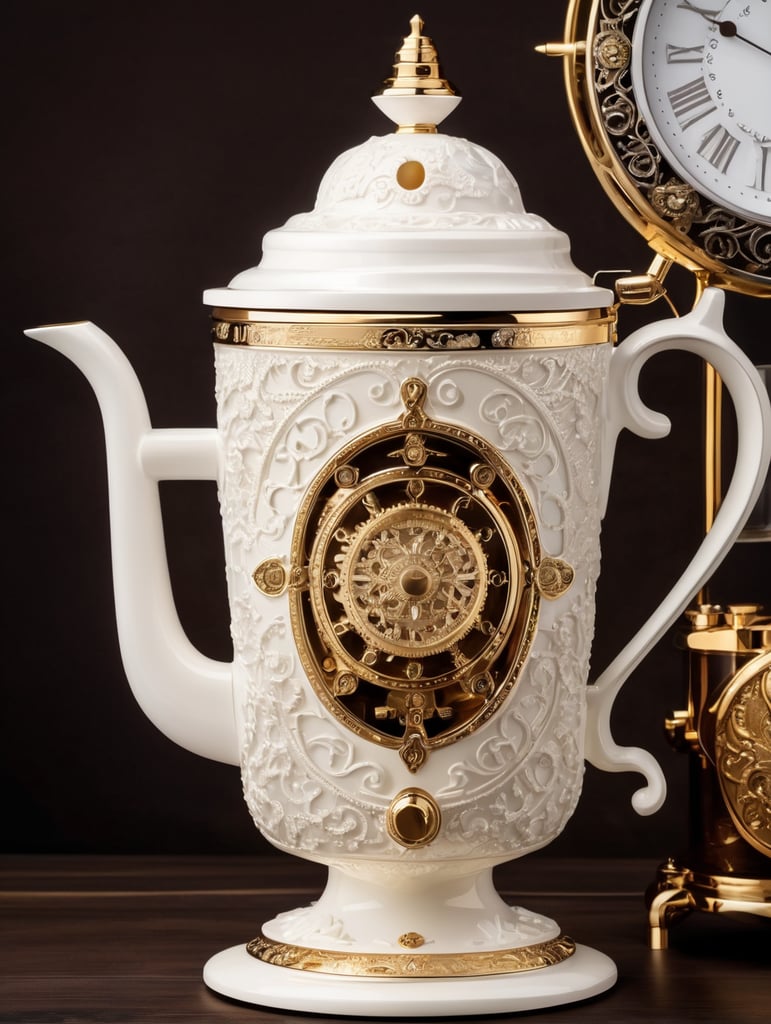 coffee maker made in steampunk style, decorated with gold, carved white plastic, ivory color, deep engraving