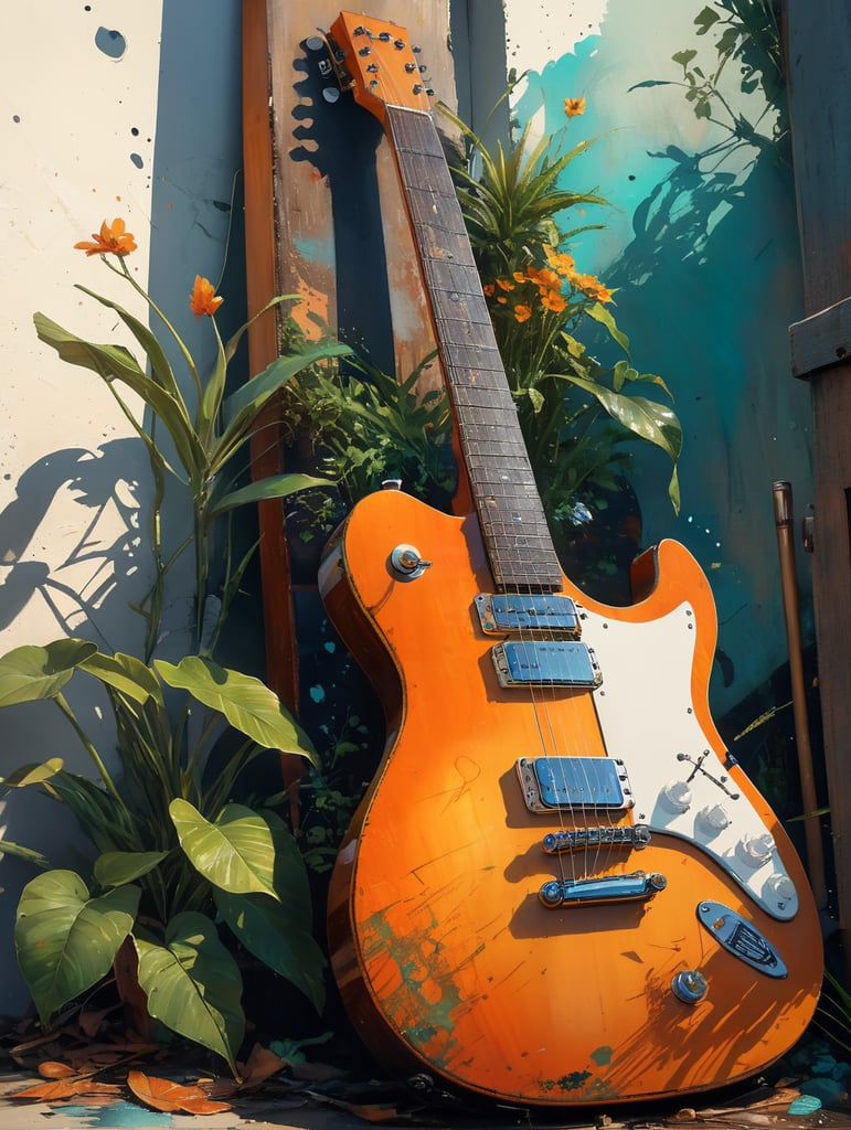 plants overtaking an old guitar