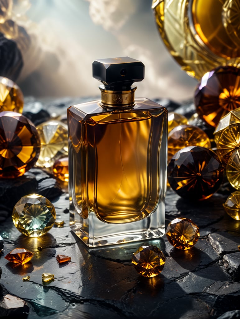 professional photography of a luxury perfume, surrounding an amber gems, yellow satin scarf background, no label, clear, mockup