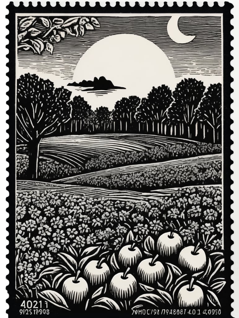 Black and white linocut postage stamp apple garden thick bold dark lines