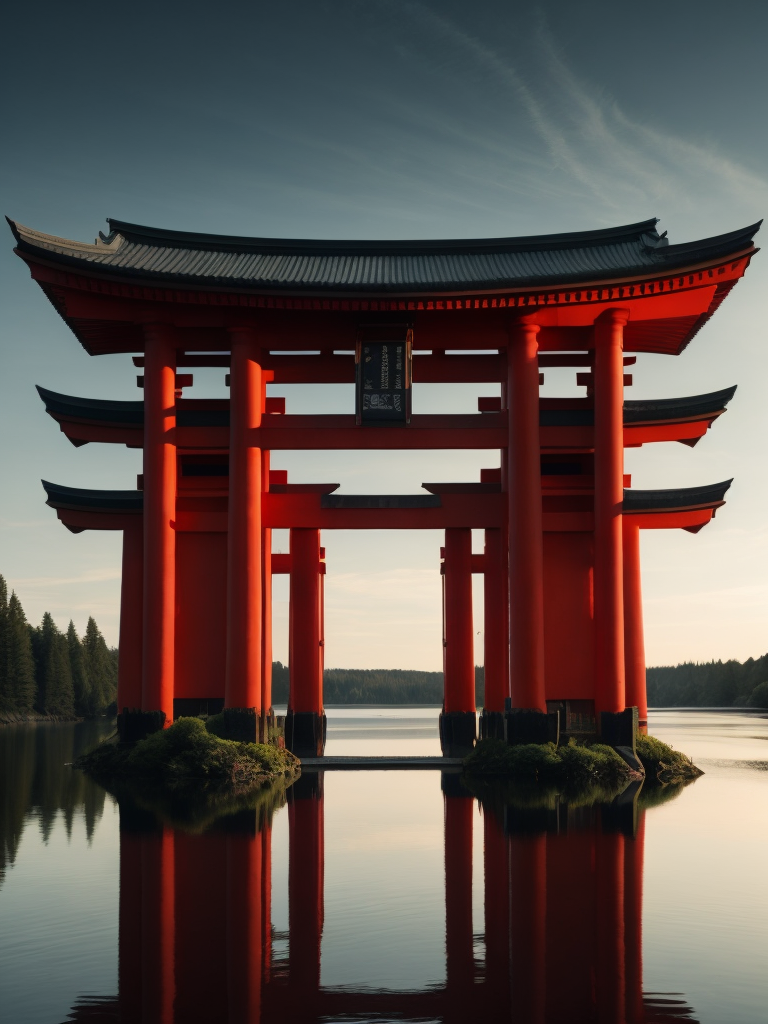 Red torii gate in middle of a lake, Dense forest on the edge of the lake, Bright and saturated colors, Japanese culture, photorealistic, contrast light