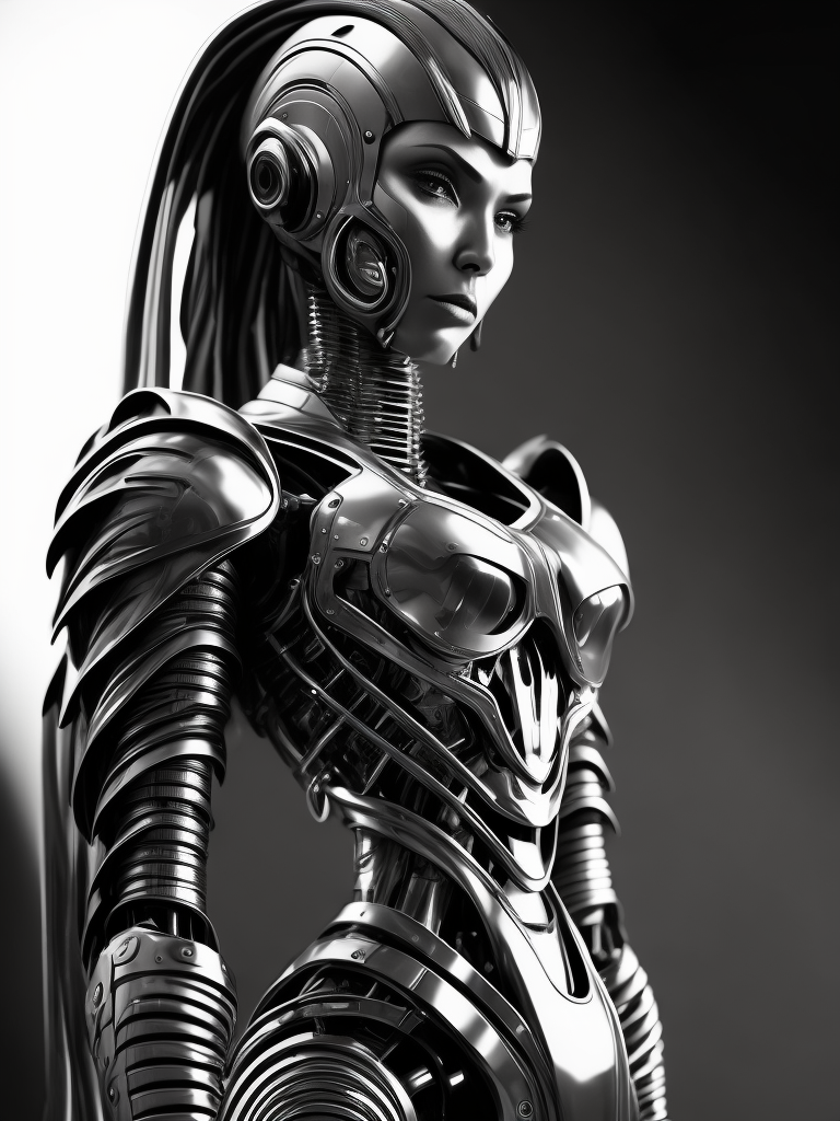 Female robot, Giger style, black and white, high contrast, metal face, many details, slim, stylized body