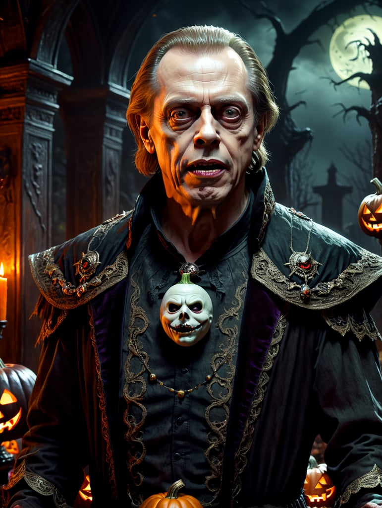 Steve Buscemi Halloween style, full-height picture, scary Halloween costume, creepy