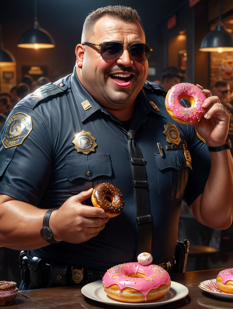 very fat cop is eating a donut, happy, sunglasses, image, portrait