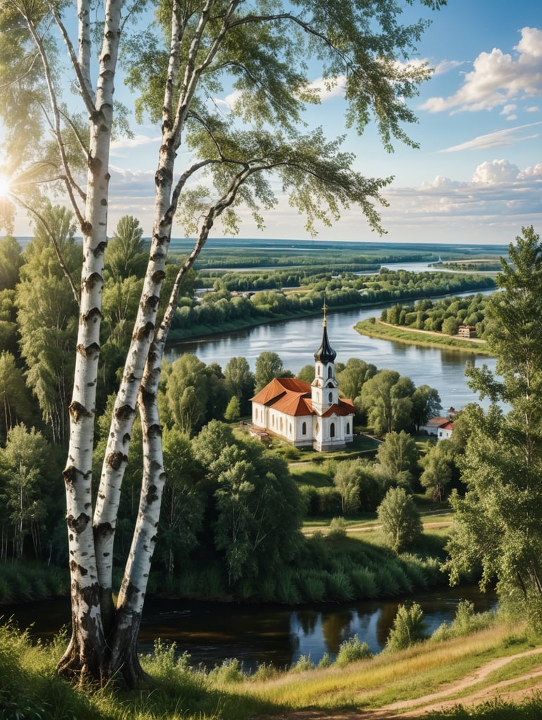 Russian landscape, view of the river from a high bank, summer, large two birch trees in the foreground, branches with dense foliage, a church and houses just below, the river and the opposite bank in the distance, blue sky with light clouds, no people, realism, high definition, watercolor style, sunlight, joy, tranquility