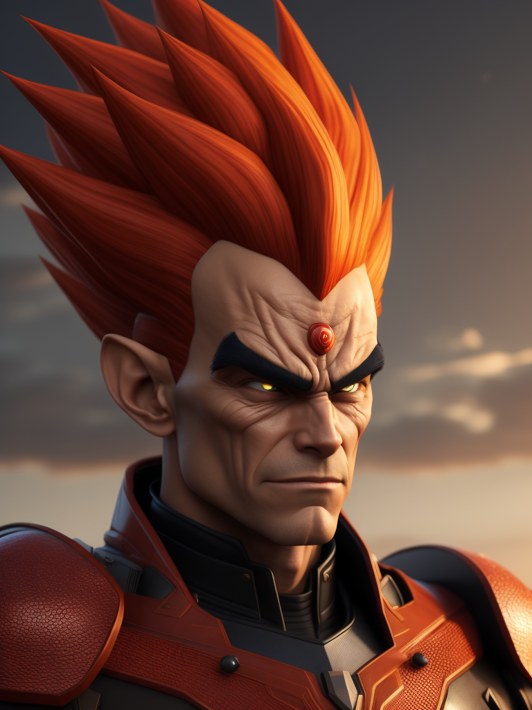 a red son from monkie kid, realistic, red hair, similar to Vegeta (Dragon Ball Z)