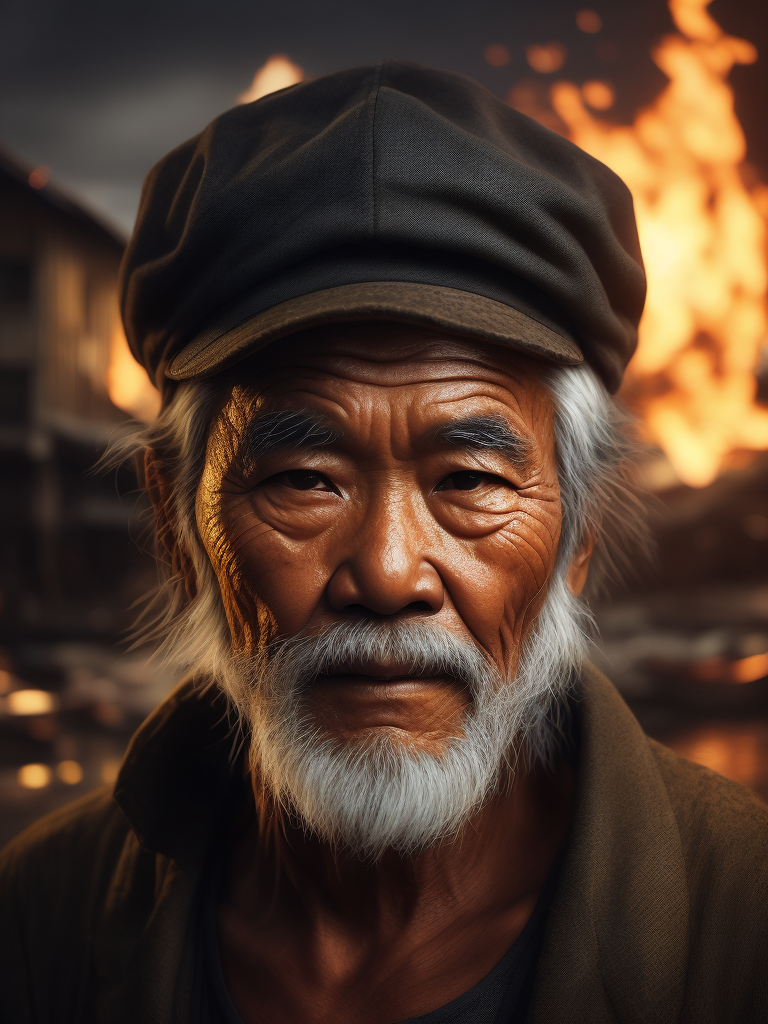 A close-up of a Vietnamese old man's face, illuminated by the light of a fire, with a backdrop of a dirty river and a shanty town.