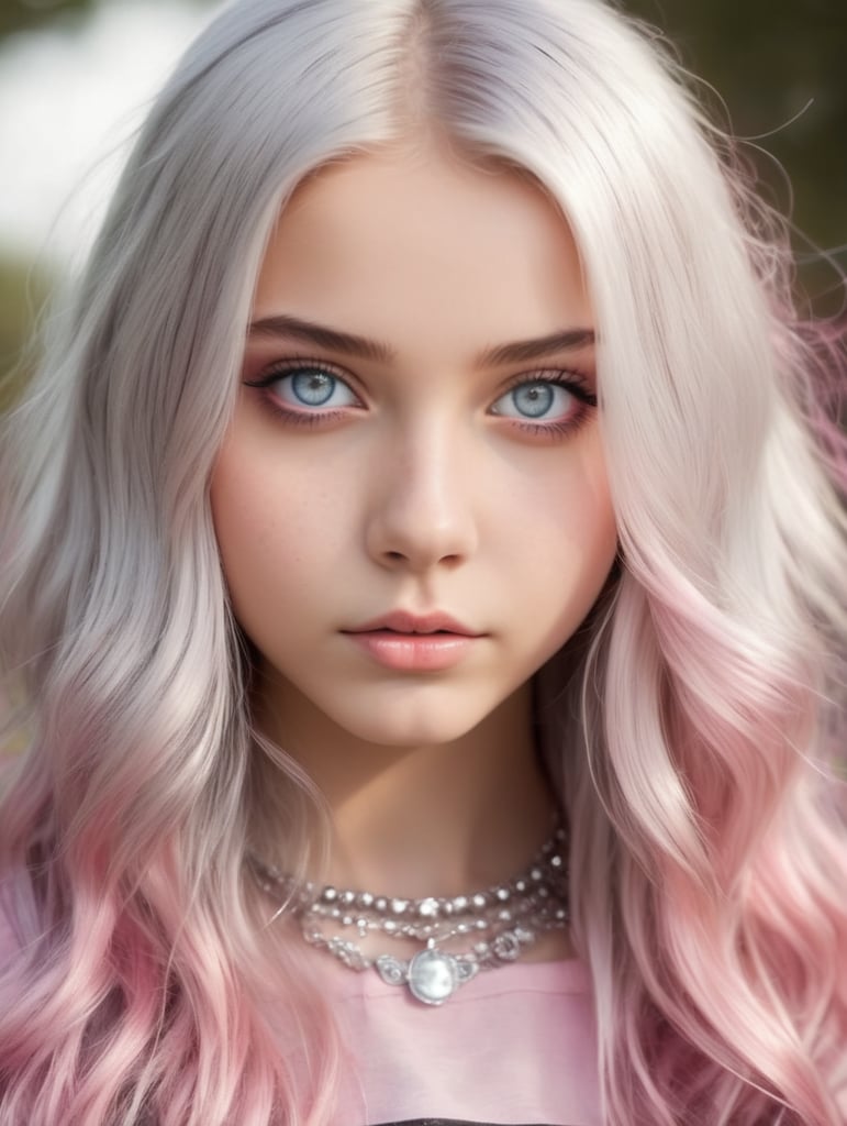 Magical teenager girl with long silver hair shining metallic in pink, silver beautiful eyes, beautiful teenie face, girly, grunge, rebel accessories