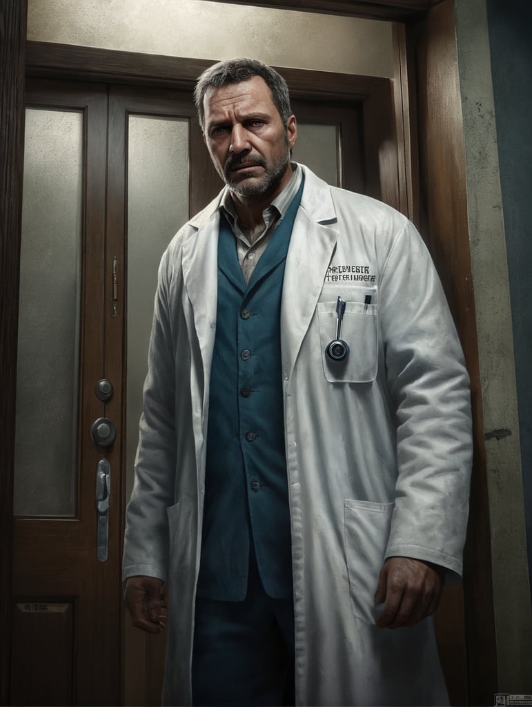 a very tired 40-year-old home doctor, with an aged face, in a dirty white coat, unmotivated, working night shifts in front of the entrance door of a large hospital