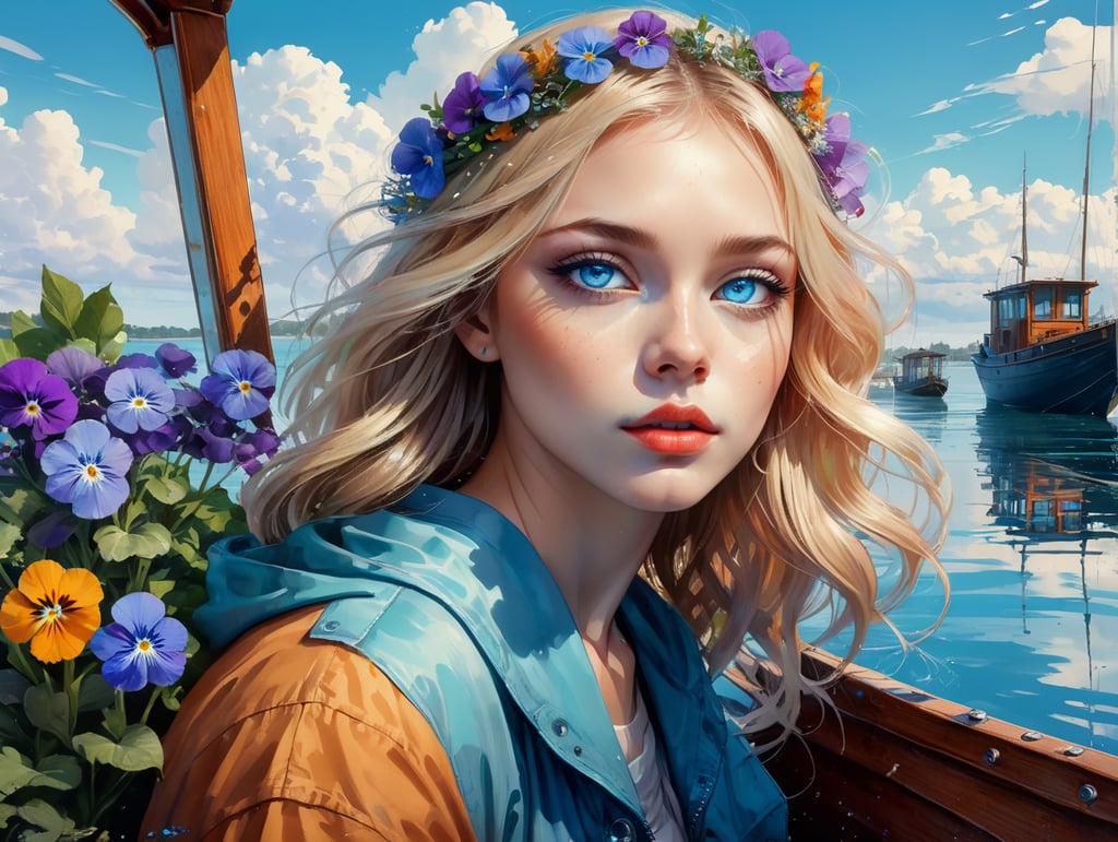На лодке, в море. Девушка с тонкими светлыми волосами, голубые глаза, в глазах анютины глазки цветы видны. Рядом тигр. Много света и голубого. На небе облака. Отражение в воде