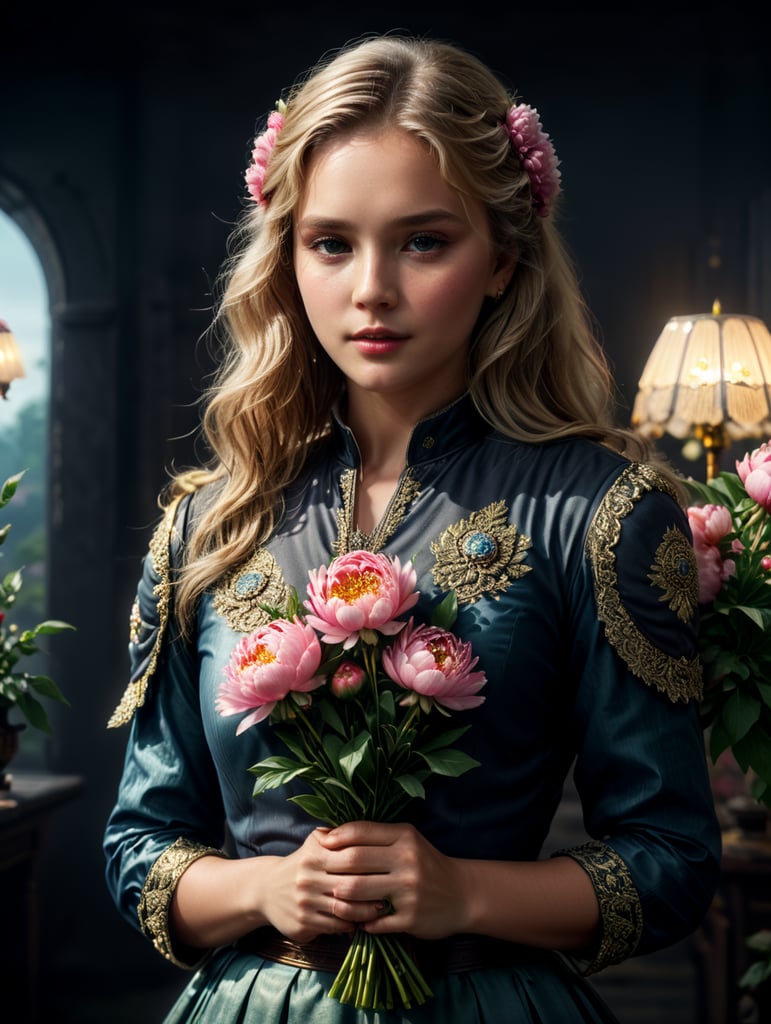 American girl in national dress of the 20th century with a bouquet of peonies in her hands. the girl has blond hair