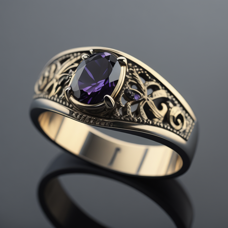 Золотое кольцо с руандийским аметистом в готическом стиле, отделка мелкими черными бриллиантами