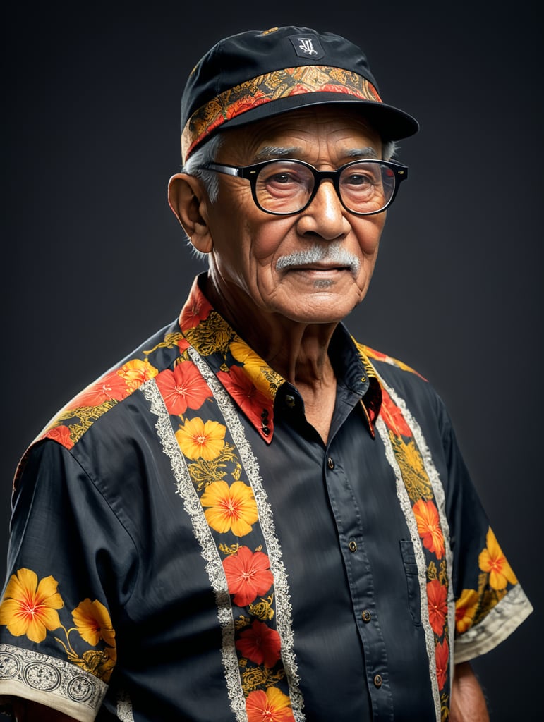 kakek berumur 80 tahun menggunakan baju batik khas Indonesia dan peci warna hitam, dengan kacamata, berfoto full badan
