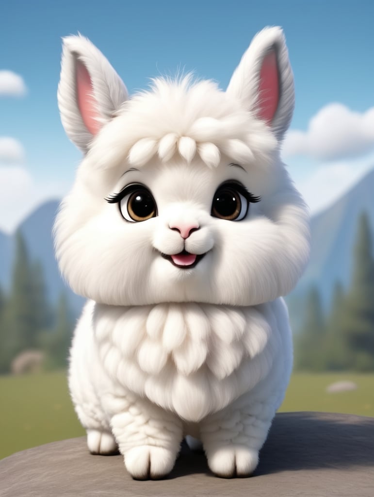 cute, fluffy, hybrid alpaca and chinchilla, full view, chibi style, disney style, cartoon style, pixar style, with background