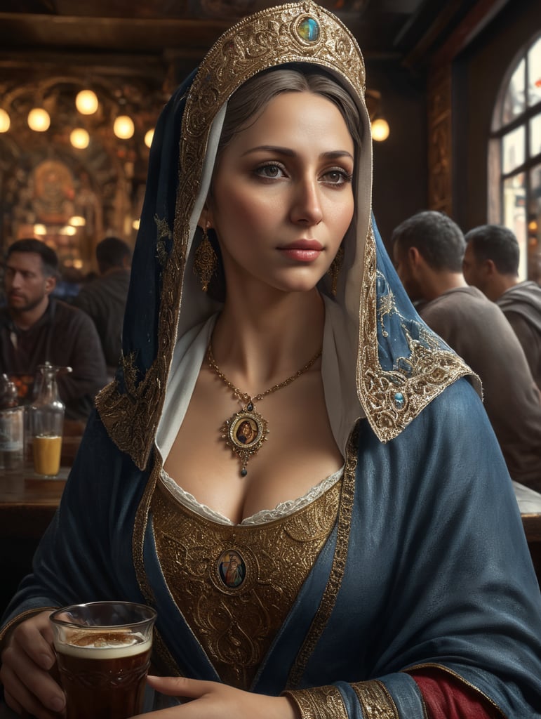 Hyper detailed Virgen maria portrait hyper realistic drinking cafe
