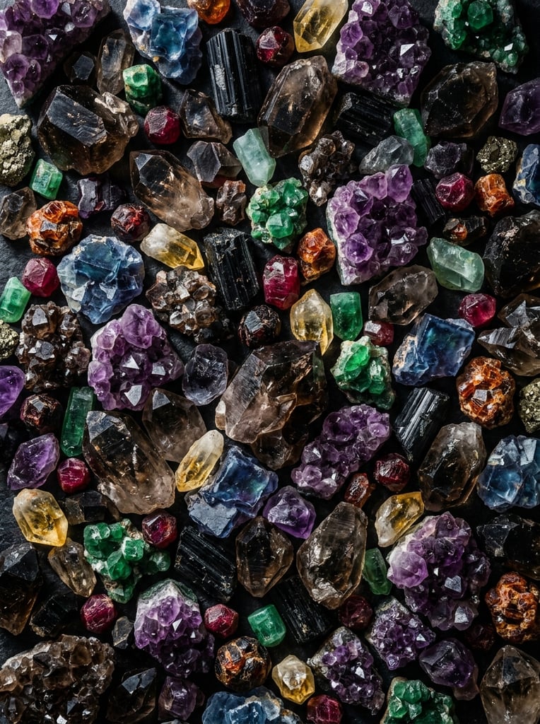 Crystal texture, pattern, background, top view, organic texture, seamless texture, scattered crystals, deep colors, contrast lighting, volumetric crystals, crystals stacked on top of each other, closely stacked crystals, knolling, flat lay, gems, crystals