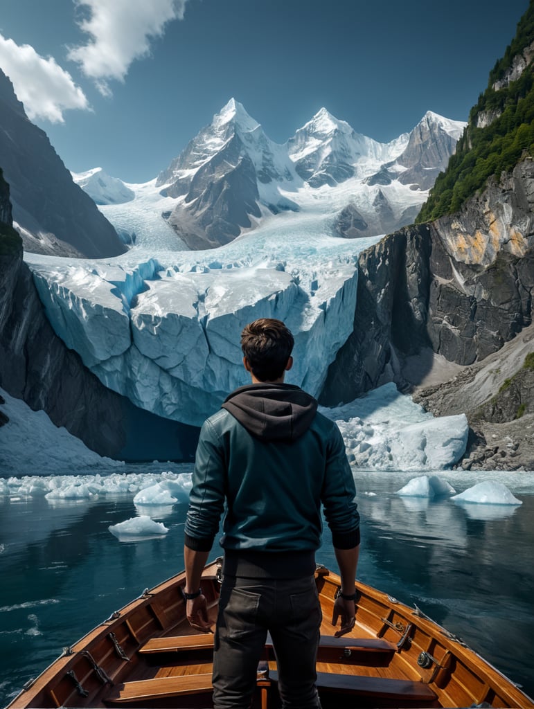 a young guy on a boat in front of a glacier