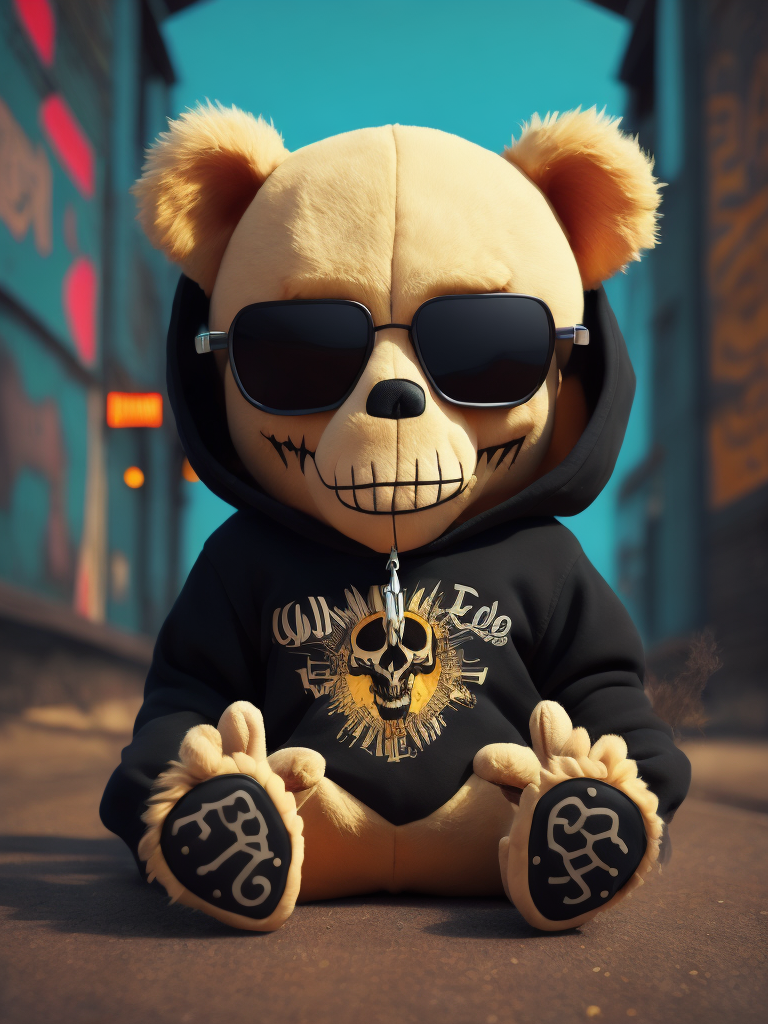 A cute stuffed teddy bear skeleton with tattoos wearing a ripped black hoodie and sun glasses, graffiti art by hanna-barbera, behance contest winner, lyco art, funco pop, behance hd, 2d game art, official art