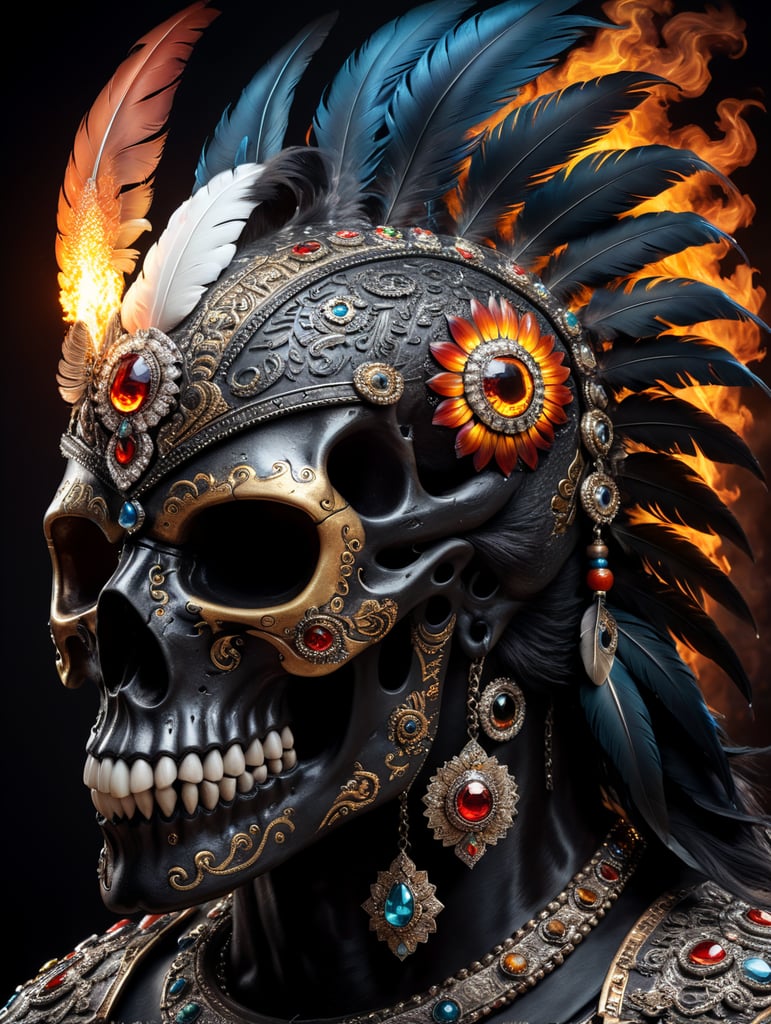 Una calavera azteca con su impresionante penacho de plumas hermosas y pedrería brillante, monta un caballo negro con ojos brillantes como el fuego