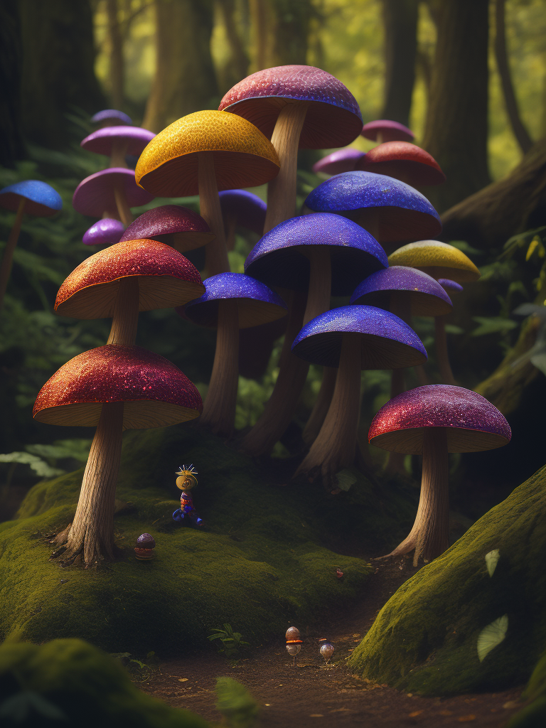 42 mushrooms of various sorts growing under the trees of the fabulous dark mysterious forest. The caps of rainbow mushrooms are covered in glitter and glow from the inside in various acidic colors. Fantastic Poison Mushrooms grow at the foot of the tree. Fairytail style , photorealistic details and clear, sharp and colorful high-resolution picture. Lewis Carroll, Alice's Adventures in Wonderland style.