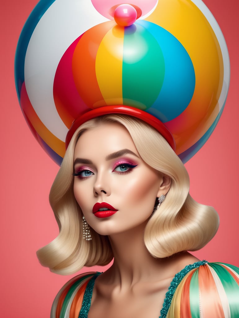 A beautiful female blonde, fun, multicoloured vintage pop colour, giant balloon hat, sleek, clean makeup, with depth of field, minimalist