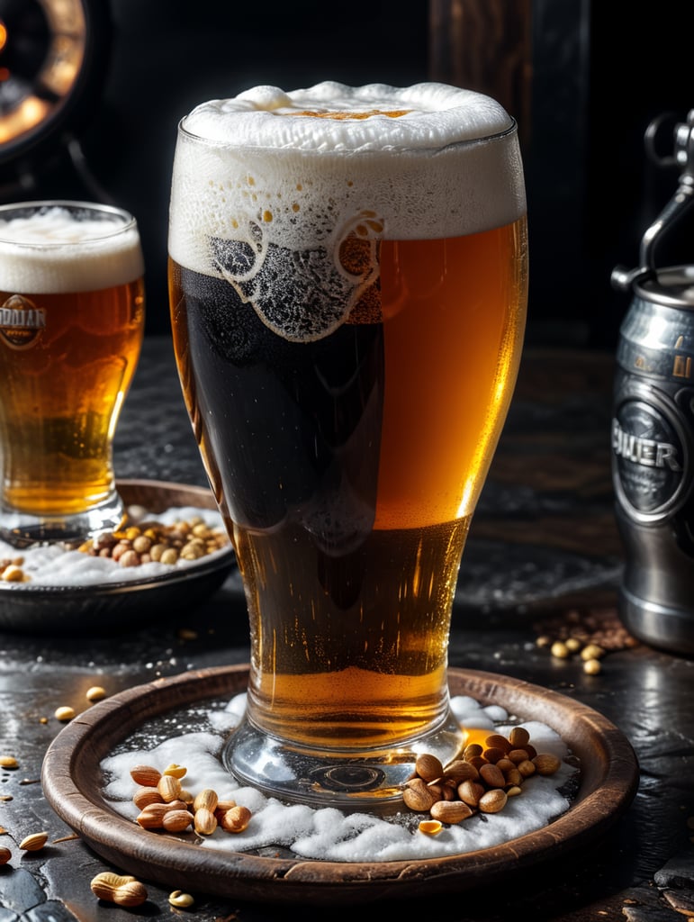 small round stainless steel plate filled with dry peanuts, one gorgeous pint of beer, beer swirl inside glass, one inch of white foam on top, transparent beer, frozen glass, advertisement, highly detailed