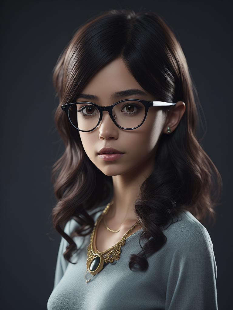 Girl, black hair, Brown eyes, glasses and necklace, Full body, standing centered, Pixar style, 3d style, disney style, 8k, Beautiful, Pixar style girl with black hair brown eyes glasses and necklace