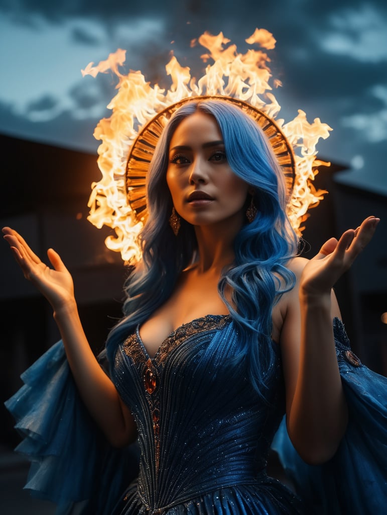 O sol na palma da mão de uma mulher com vestidos feitos de fogo e olhei azuis cabelos também de fogo