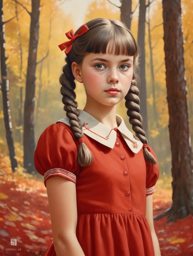 1960s portrait of soviet girl with bows and pigtails in red sundress, autumn forest, Genrih Valk illustration