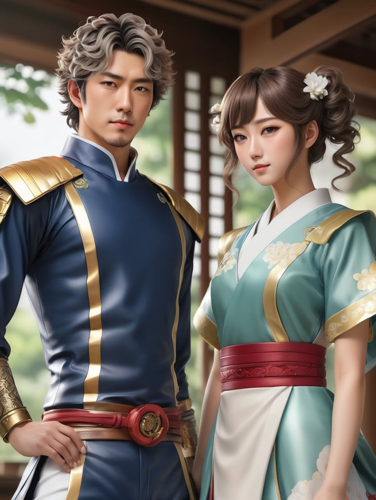 foto setengah badan couple jepang dengan pakaian seperti anime,pria memiliki rambut sedikit keriting, epic details, realistic, raytracing, photorealistic, realistic human photo, ultra realistic, masterpiece