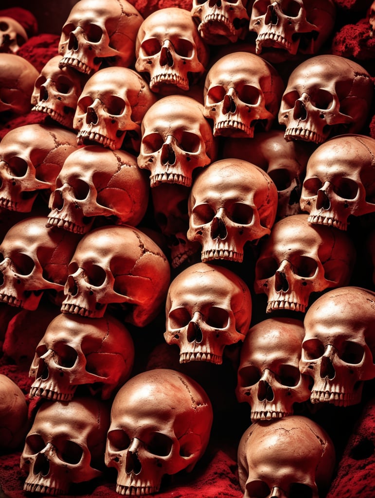 A pile of skulls in the underground tombs in a red hue, highly detailed, depth of field