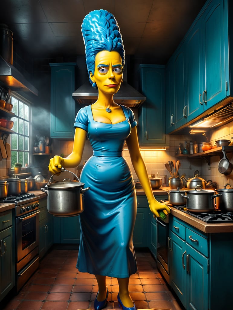 Marge Simpson in Simpson style, standing in ger kitchen with a pot in hand