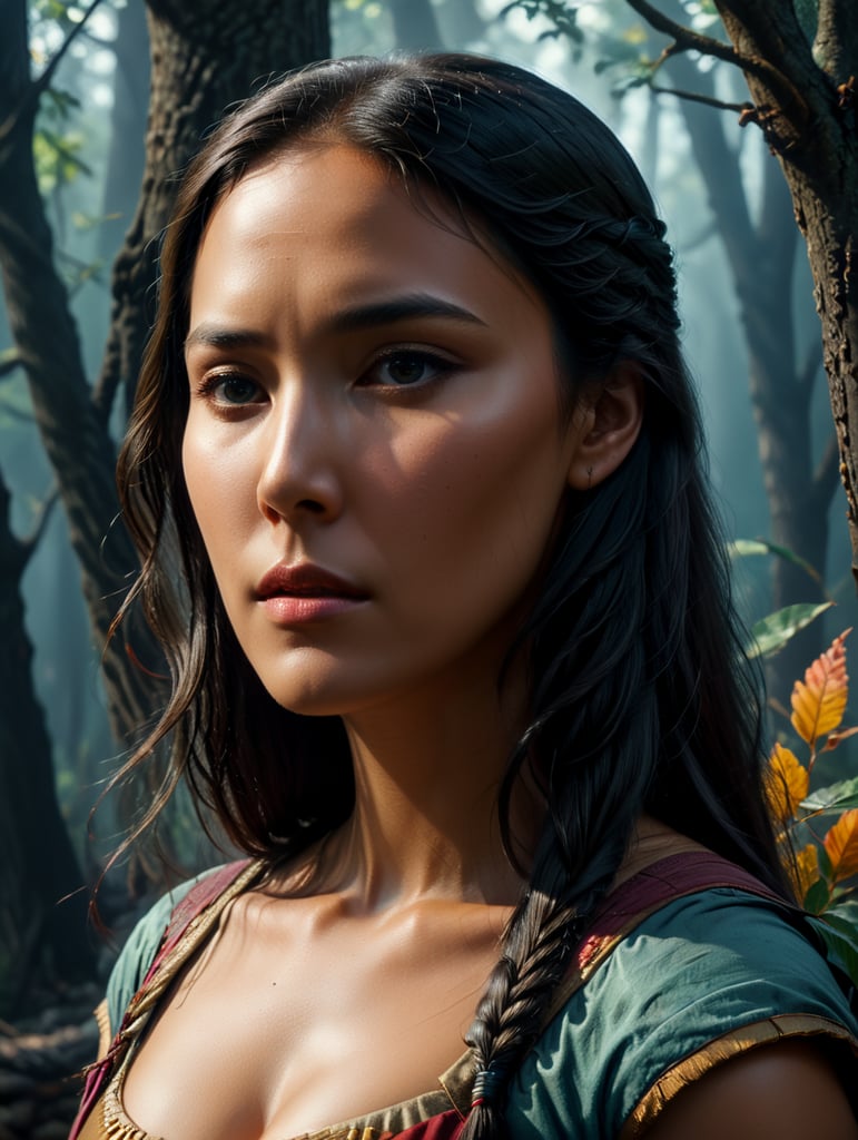 Pocahontas, 0Il lustration, Painting, Oil, Watercolor, Portrait, USA, style of Will Barnet