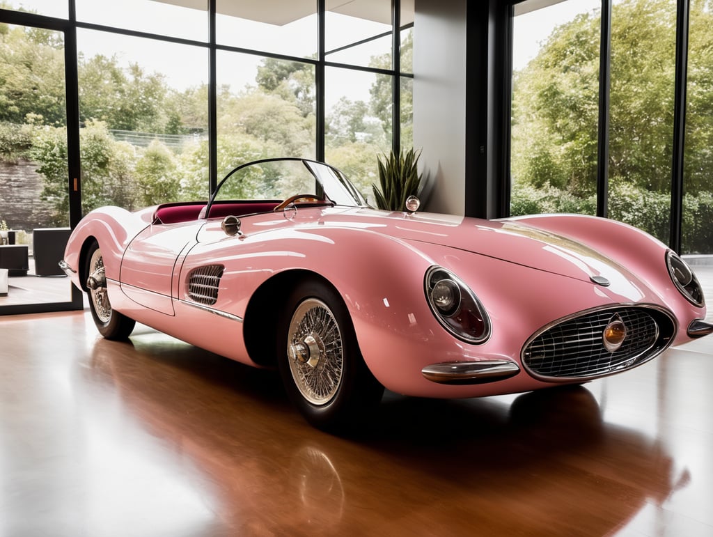 Summer light, design Charlotte Perriand, design philippe starck, art by jacques tati, a concept car futuristic 50'sshinny pink and deep red glossy Shiny, sporty, dynamic lines, chic streamlined bodywork with elegant curves, ceramic, gold posed on a wood socle, in a front of minimalist pasl plain background