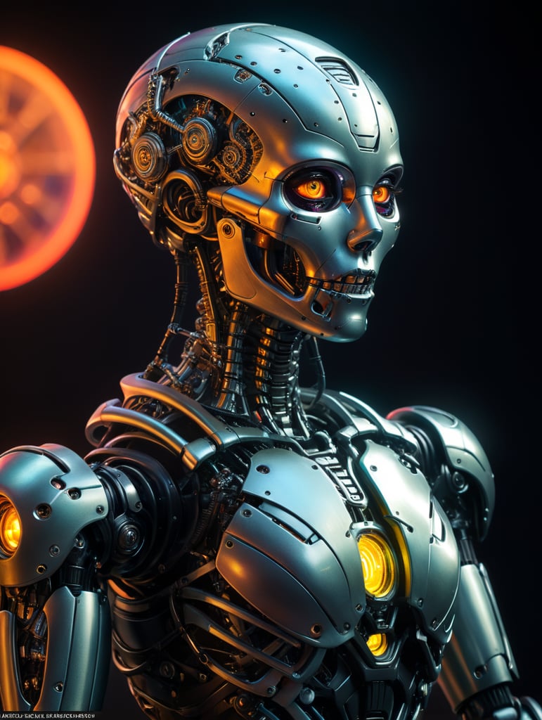 humanoid female model portrait, beautiful, full body pose, skeletal robot, hyperrealistic scene, spotlight, masterpiece, avantgarde, neon colors, full body pose, sci-fi, futuristic otherworldly planet scape, robot humanoids
