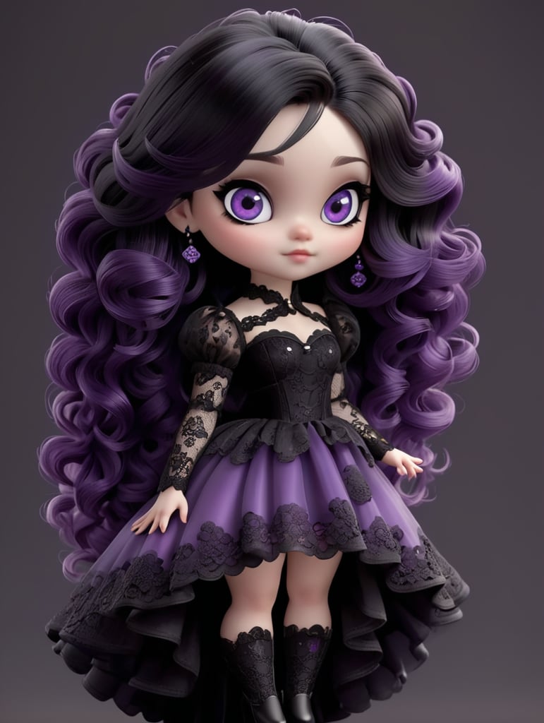 chibi. 3D . Black wavy hair. Black lace outfit. Purple eyes. Pale skin. Long black nails. 4k Quality. Dark background.