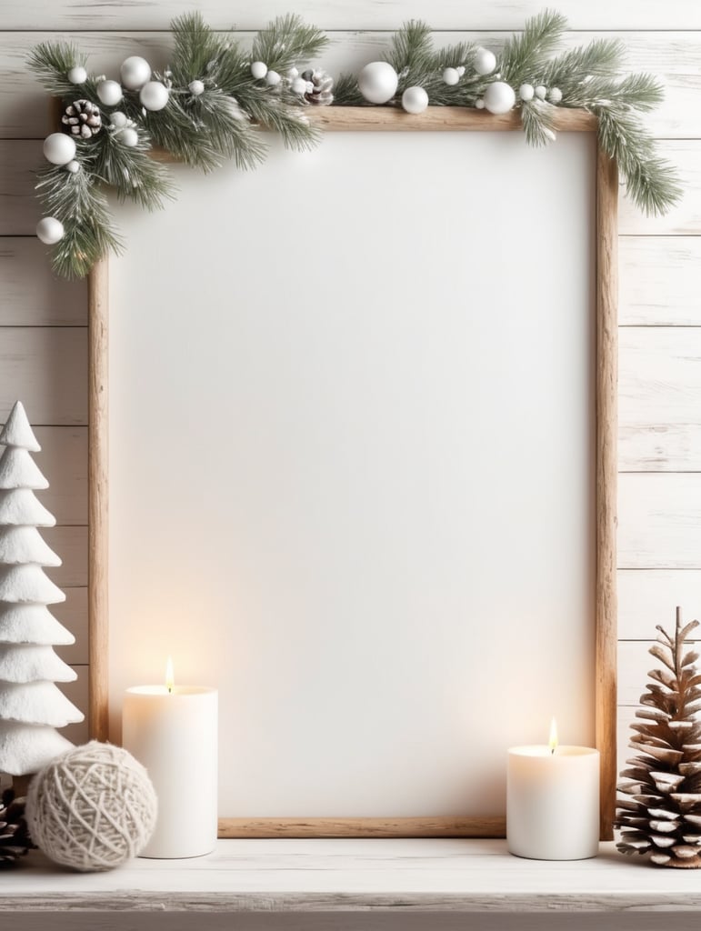 vertical picture wall mockup, natural christmas, cozy log cabin, neutral colors