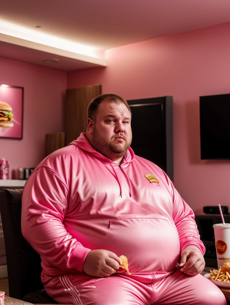 A very fat man in a tracksuit eats fast food and watches TV, the room is a mess, the room is painted pink